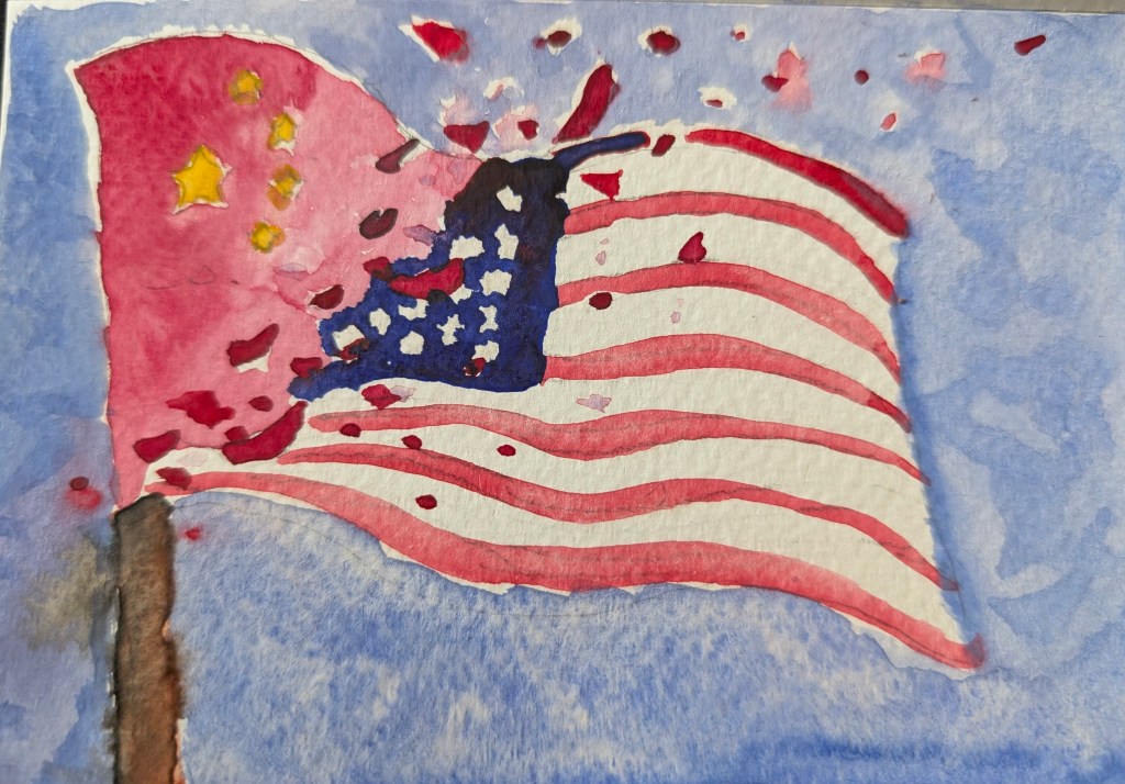 Chinese and American flag bursting into each other and becoming one.