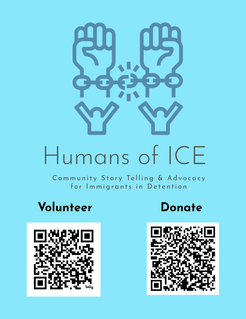 Humans of ICE logo with QR Codes to Volunteer and to donate.